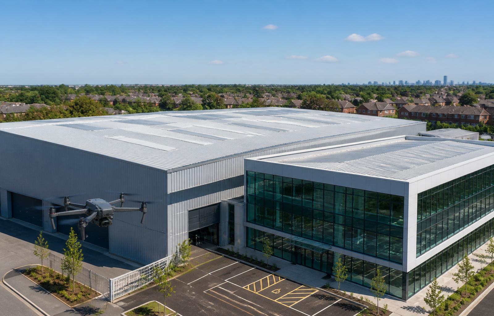 Drone inspecting a commercial warehouse and office building with residential rooftops in the background